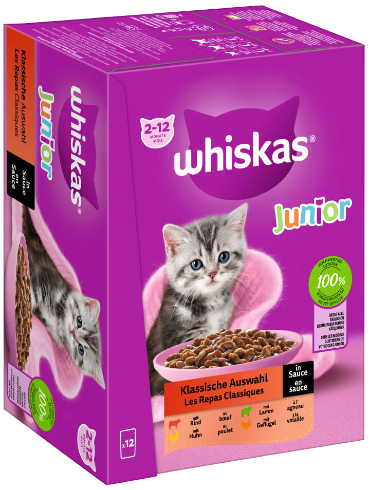 whiskas Katzen-Nassfutter Portionsbeutel Multipack Junior Klassische Auswahl in Sauce 12 x 85g